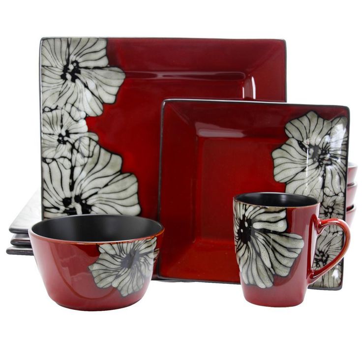 Winter Bloom 16-Piece Asian Inspired Red Earthenware Dinnerware Set (Service for 4)