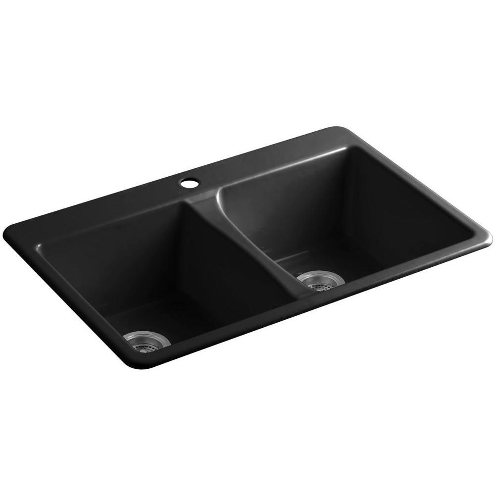 Deerfield Drop-In Cast Iron 33 in. 1-Hole Double Bowl Kitchen Sink in White - Super Arbor