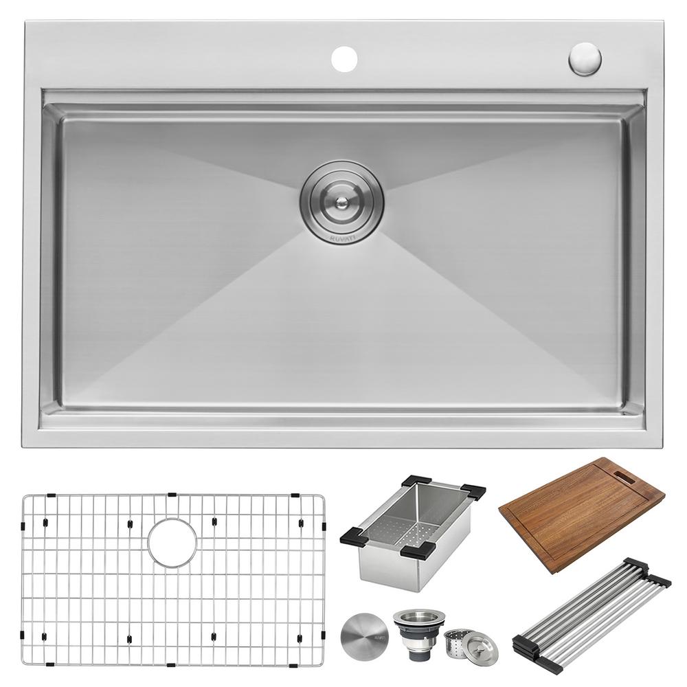Drop-In Stainless Steel 33 in. Workstation Ledge Topmount Kitchen Sink 16-Gauge Single Bowl - Super Arbor