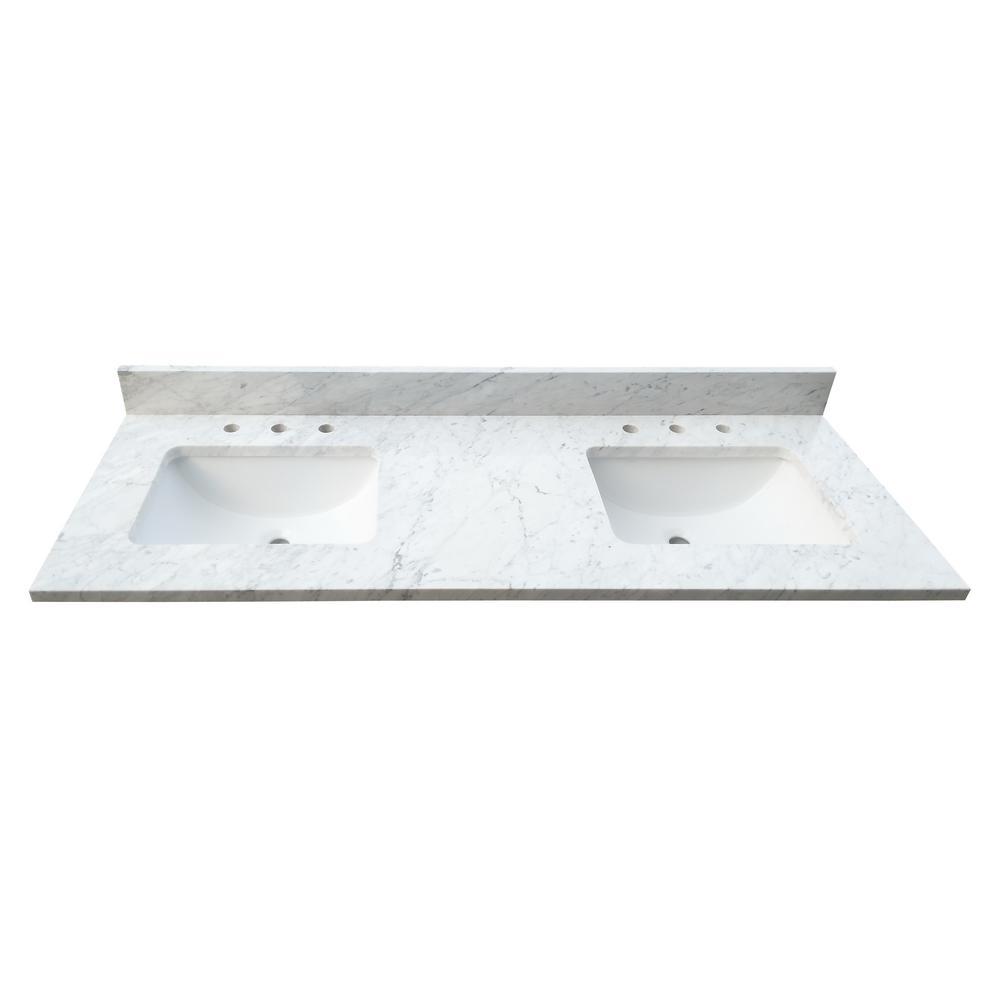 61 in. W x 22 in. D x 1 in. H Bianco Carrara White Marble Double Basin Vanity Top with White Basins - Super Arbor
