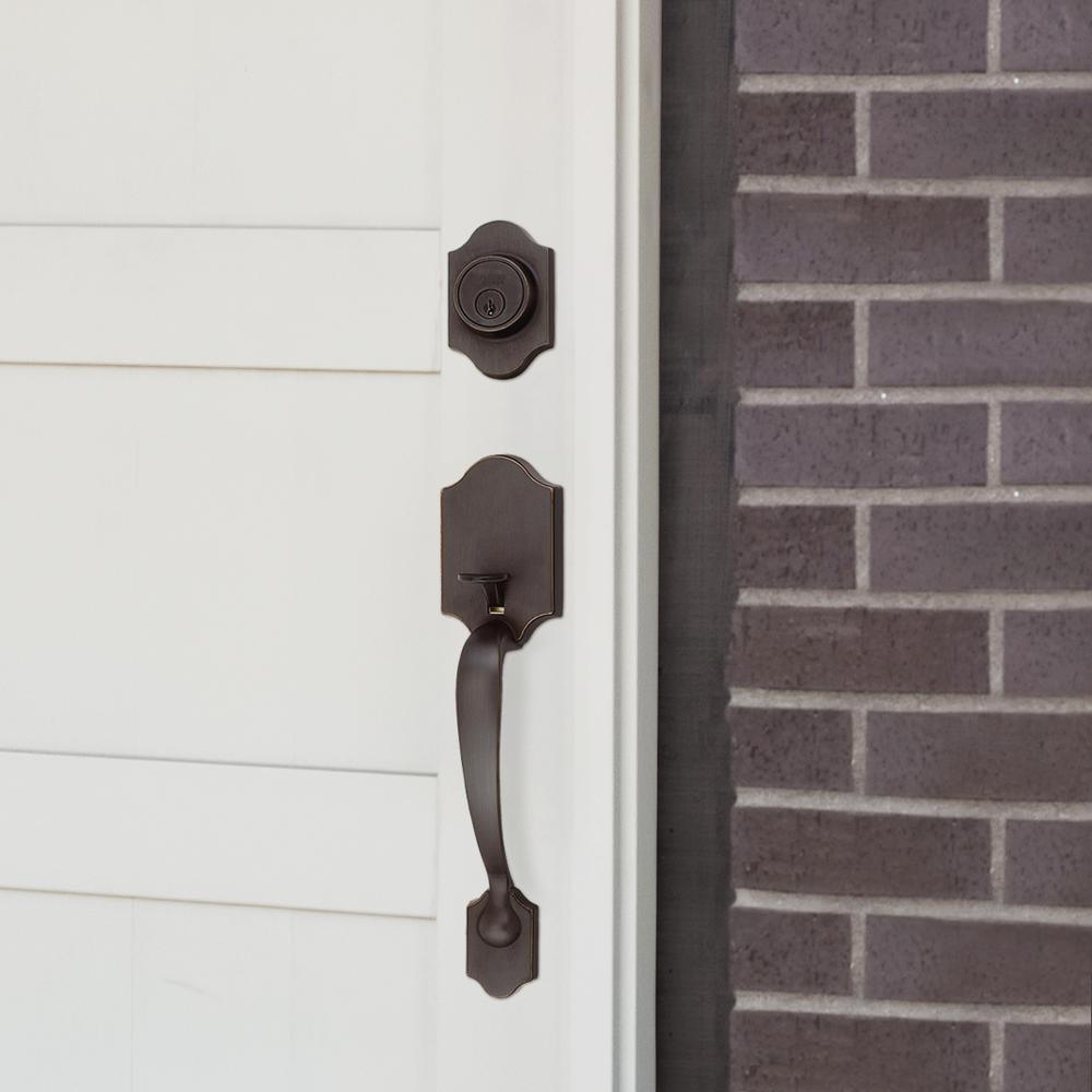 Sussex Oil-Rubbed Bronze Handleset with Scroll Lever Interior and Single Cylinder Deadbolt - Super Arbor
