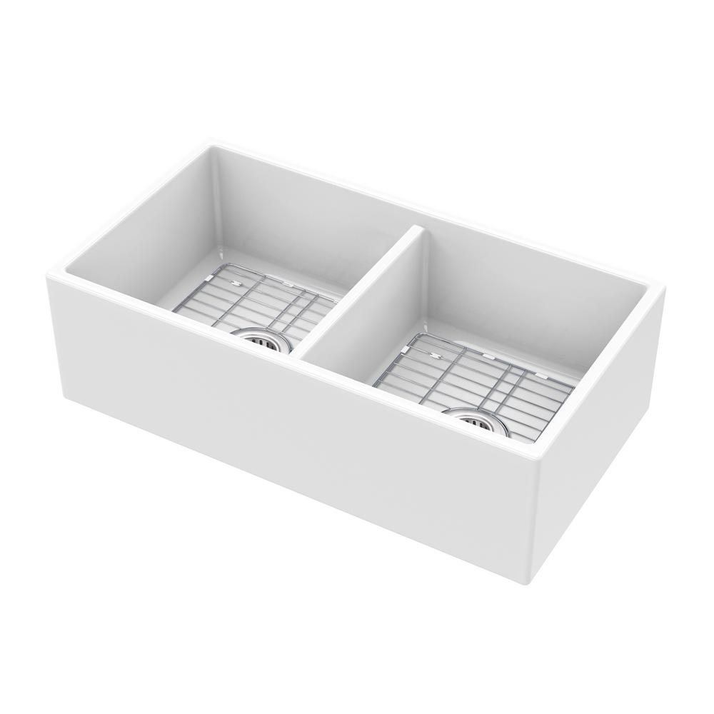 Farmhouse Apron Front Fireclay 33 in. 50/50 Double Bowl Kitchen Sink in White with Grids and Strainers - Super Arbor