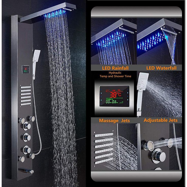 53 in. 10-Jet Shower Panel System in Brushed Black with LED Rainfall Waterfall Shower Head Handshower and Tub Spout