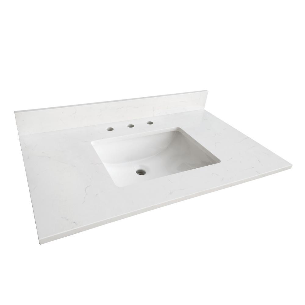 37 in. W x 22 in. D x 0.75 in. H Quartz Vanity Top in Carrara White with White Basin - Super Arbor