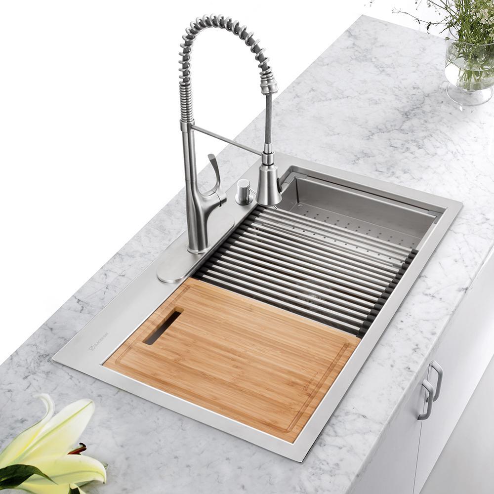 All-in-One Drop-In Stainless Steel 27 in. 4-Hole Single Bowl Kitchen Workstation Sink with Accessories Kit - Super Arbor