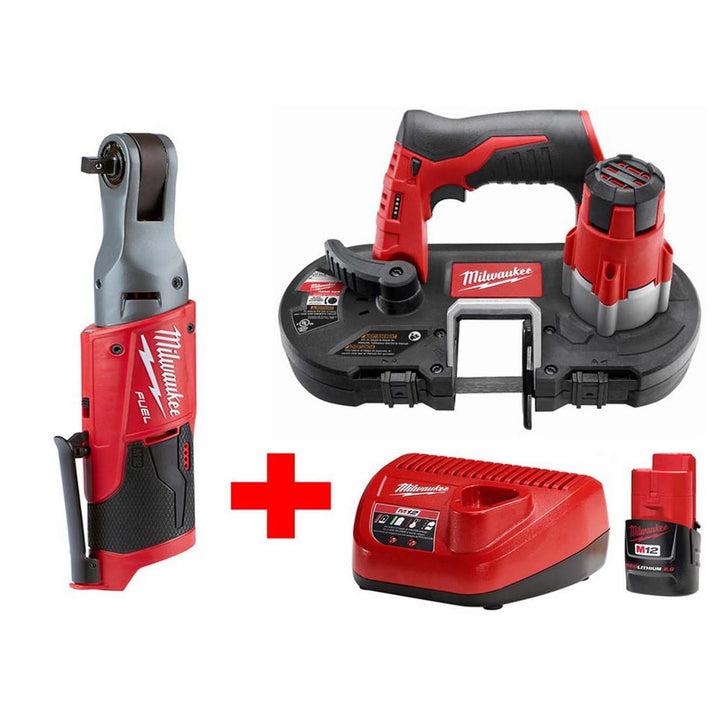 M12 12-Volt Lithium-Ion Cordless Sub-Compact Band Saw and 3/8 in. Ratchet Combo Kit W/ (1) 2.0Ah Battery and Charger - Super Arbor