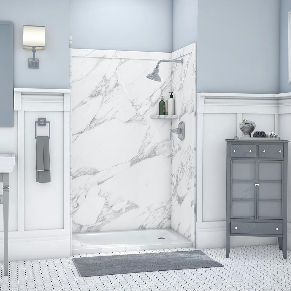 Elegance 36 in. x 48 in. x 80 in. 9-Piece Easy Up Adhesive Alcove Shower Wall Surround in Calacatta White - Super Arbor