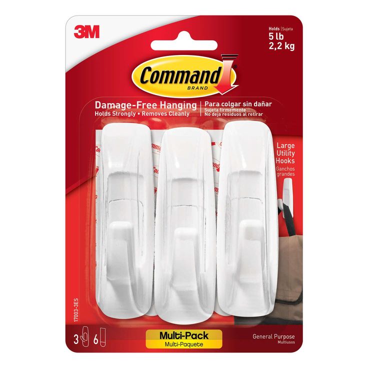 3M Command White Large Utility Hooks, 5 lb Capacity, 3-Pack