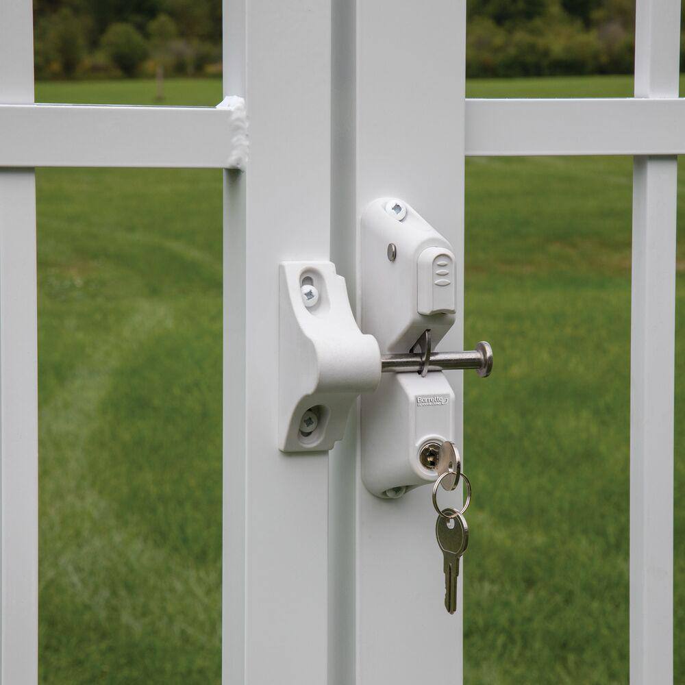 Barrette Outdoor Living 4.687 in. x 5.187 in. Nylon/Stainless Steel White Locking Gravity Latch with 2-Sided Key Entry