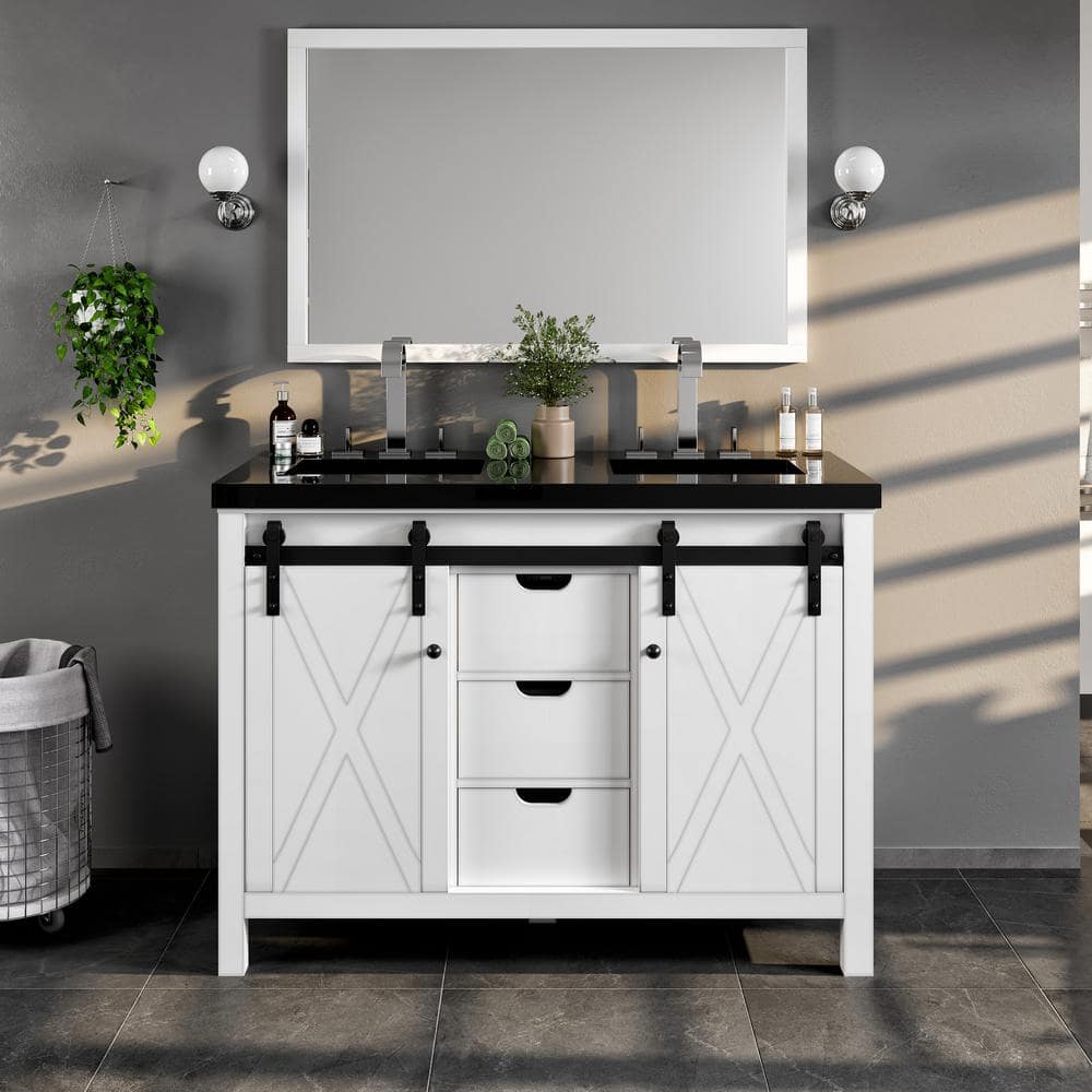 Eviva Dallas 48 in. W x 22 in. D x 34 in. H Double Bath Vanity in White with Black Granite Top with Black Sinks