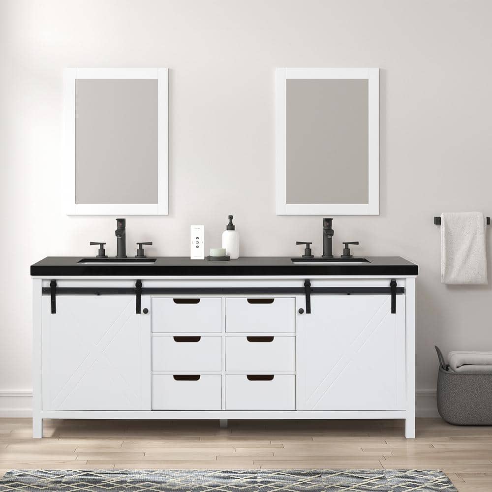 Eviva Dallas 84 in. W x 22 in. D x 34 in. H Double Bath Vanity in White with Black Granite Top with Black Sinks