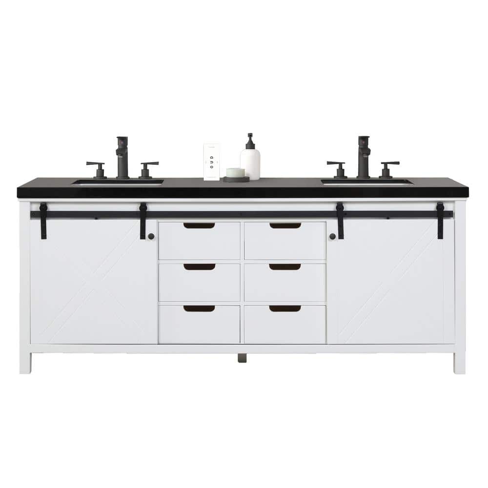 Eviva Dallas 84 in. W x 22 in. D x 34 in. H Double Bath Vanity in White with Black Granite Top with Black Sinks