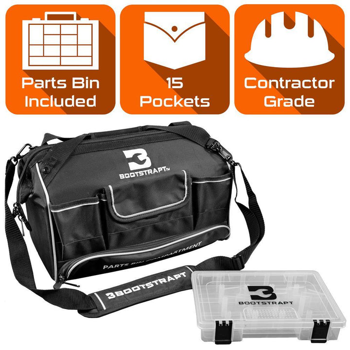 16 in. Large Mouth Tool Bag with Integrated Parts Bin Compartment - Super Arbor