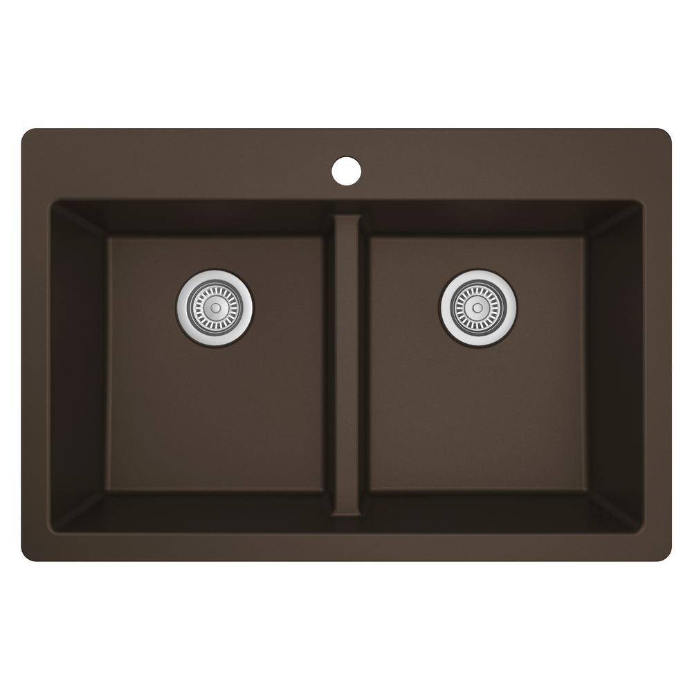 White Quartz 33 in. 50/50  Double Bowl Composite Drop-in Kitchen Sink - Super Arbor