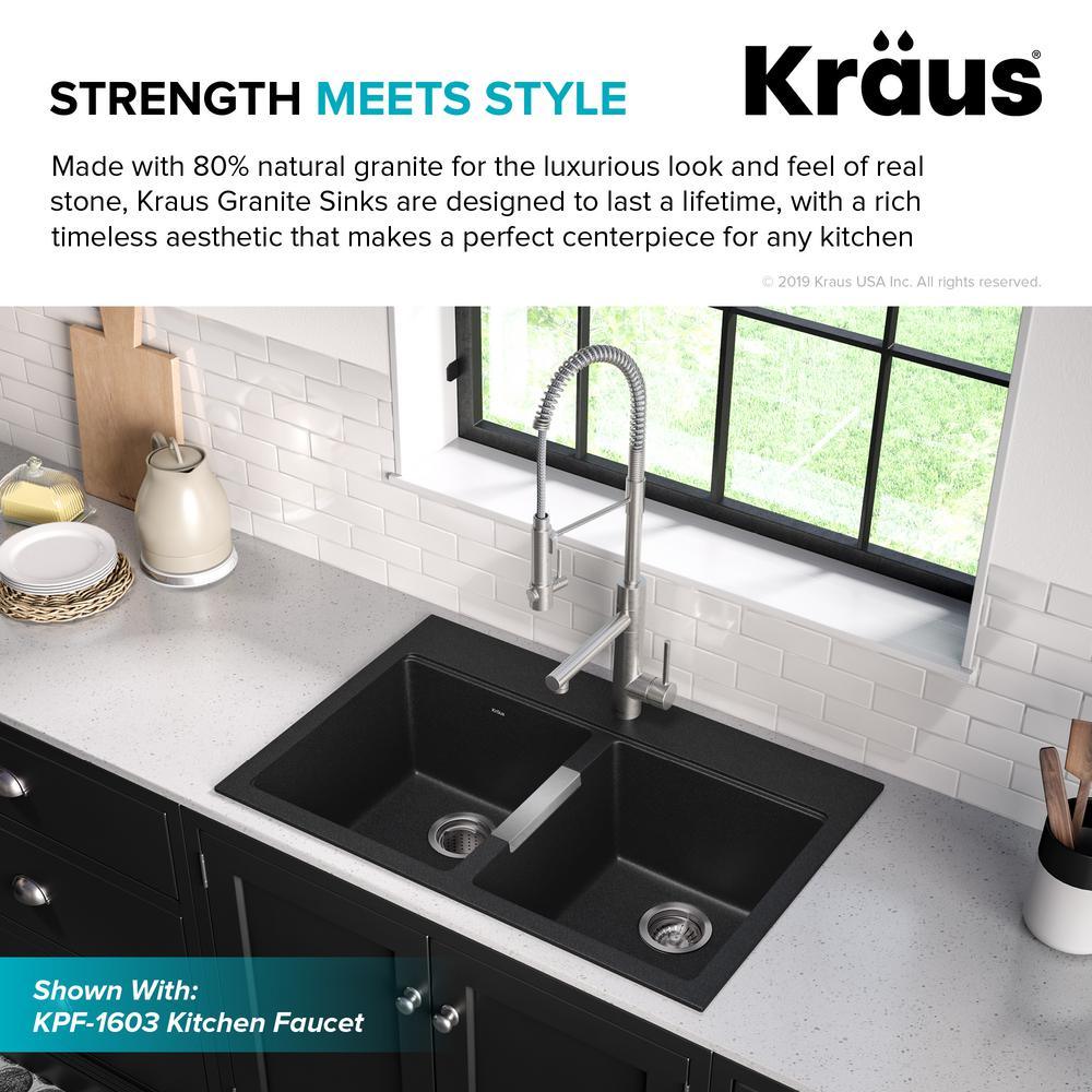 Drop-in/Undermount Granite Composite 33 in. 1-Hole 50/50 Double Basin Kitchen Sink Kit in Black Onyx - Super Arbor