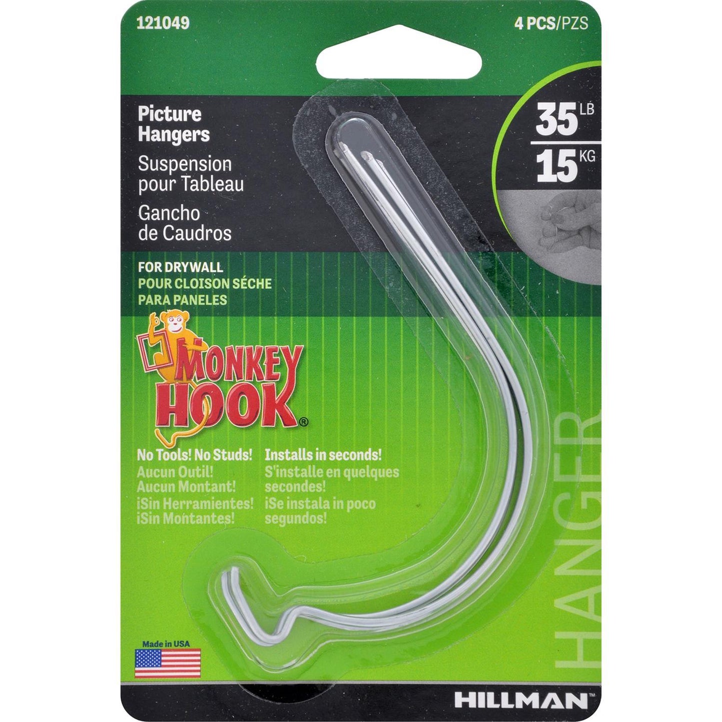 Hillman Monkey Hook Silver Picture Hanger, 35 lb Capacity, 4-Pack