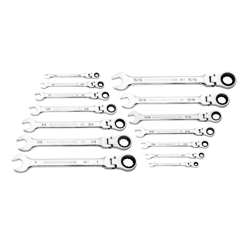 90-Tooth 12-Point Flex Head Ratcheting Combination SAE Wrench Set (14-Piece) - Super Arbor