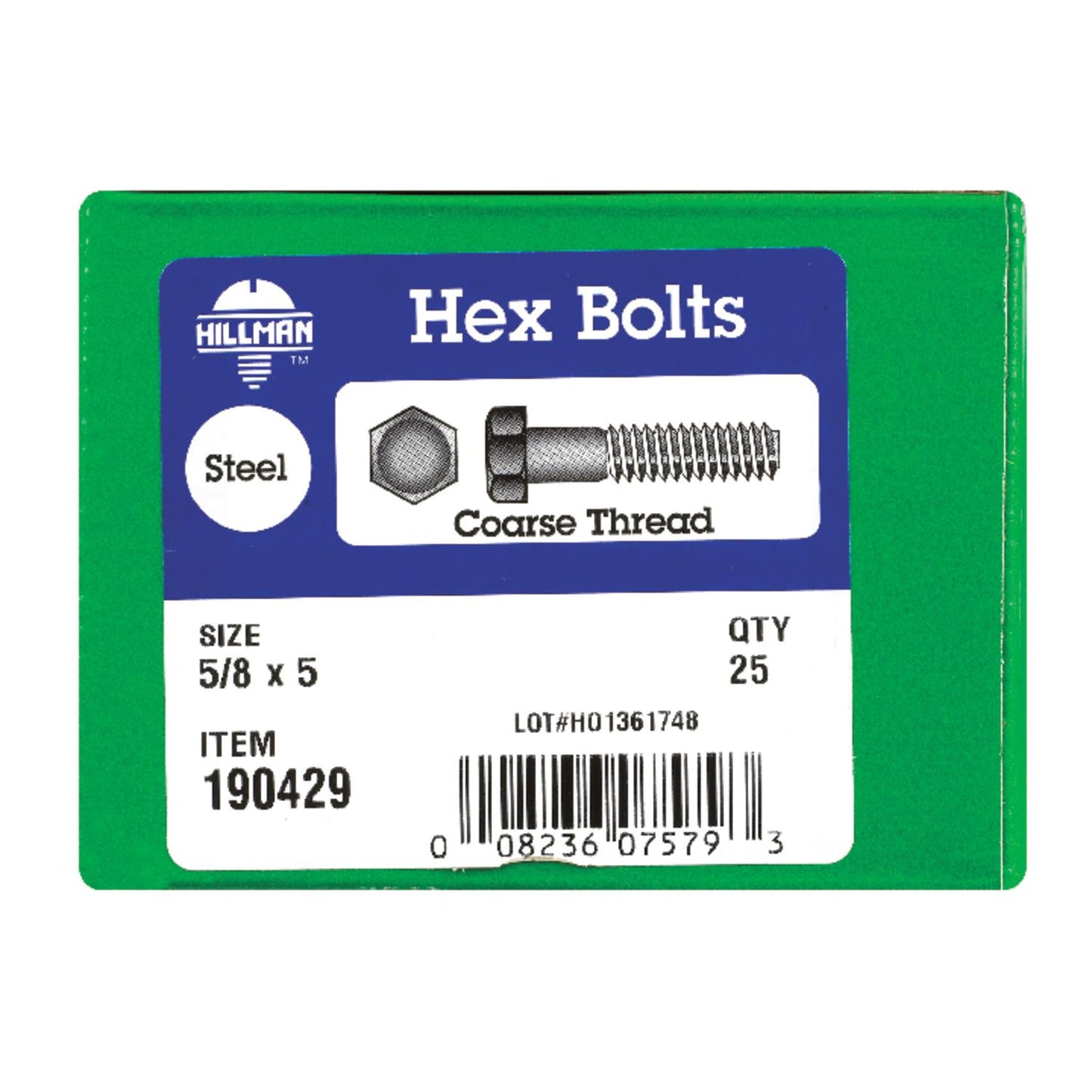 Hillman 5/8 in. Diameter x 5 in. Length Zinc-Plated Steel Hex Bolt, Coarse Thread, 25-Pack