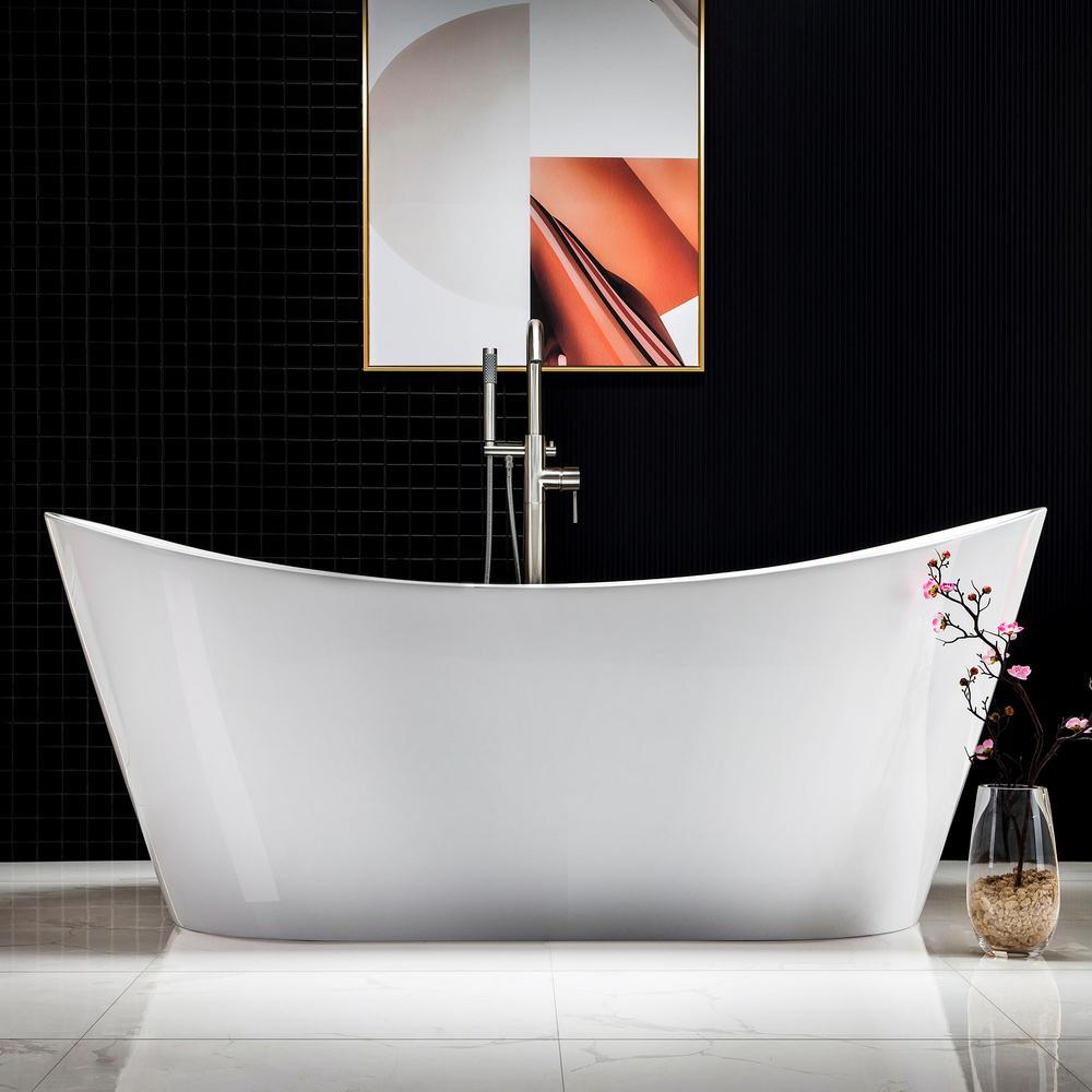 Oviedo 71 in. Acrylic Freestanding Double Slipper Flat Bottom Soaking Bathtub with Drain and Overflow Included in White - Super Arbor