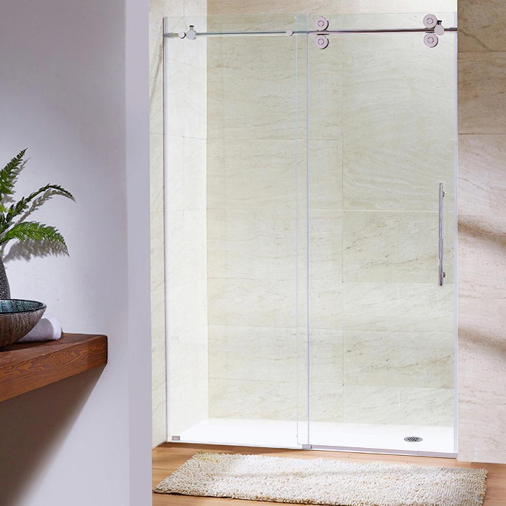 Elan 48 to 52 in. x 74 in. Frameless Sliding Shower Door in Stainless Steel with Clear Glass and Handle - Super Arbor