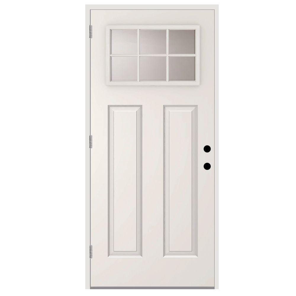36 in. x 80 in. 6 Lite Left-Hand Outswing Primed White Steel Prehung Front Door with 4 in. Wall - Super Arbor