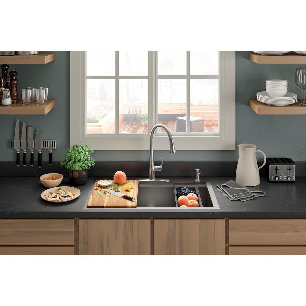 Lyric Dual Mount Workstation Stainless Steel 33 in 4-Hole Single Bowl Kitchen Sink with Integrated Ledge and Accessories - Super Arbor