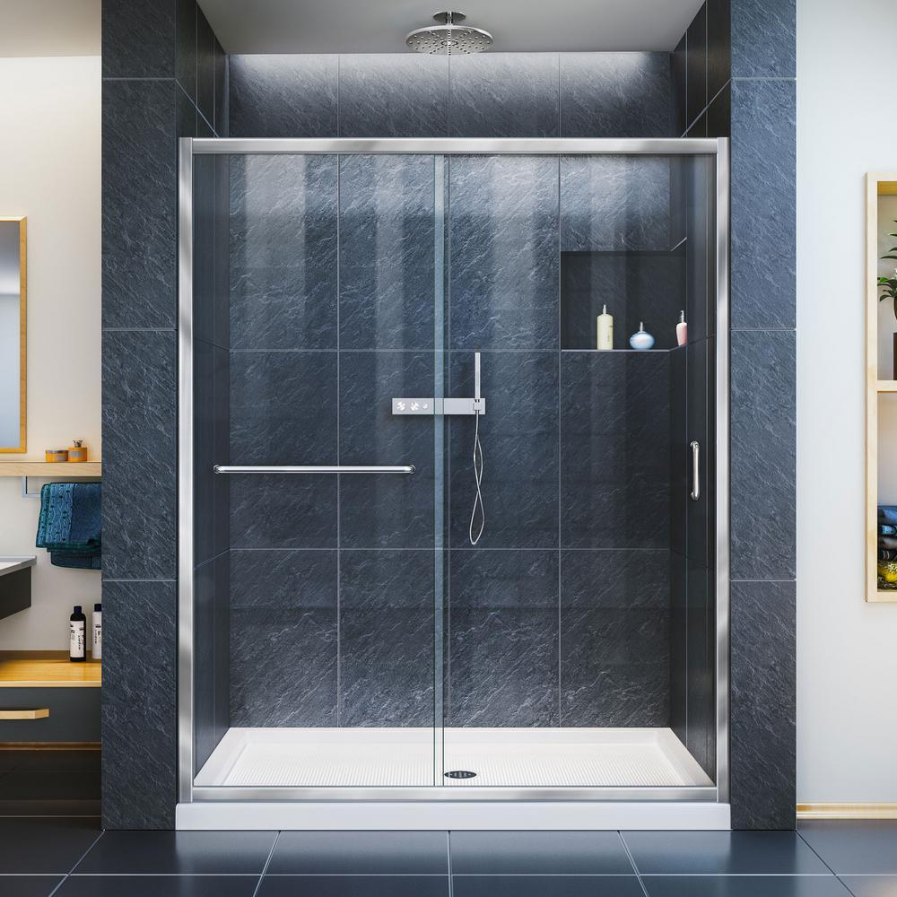 Infinity-Z 30 in. x 60 in. Semi-Frameless Sliding Shower Door in Chrome with Left Drain White Acrylic Base - Super Arbor