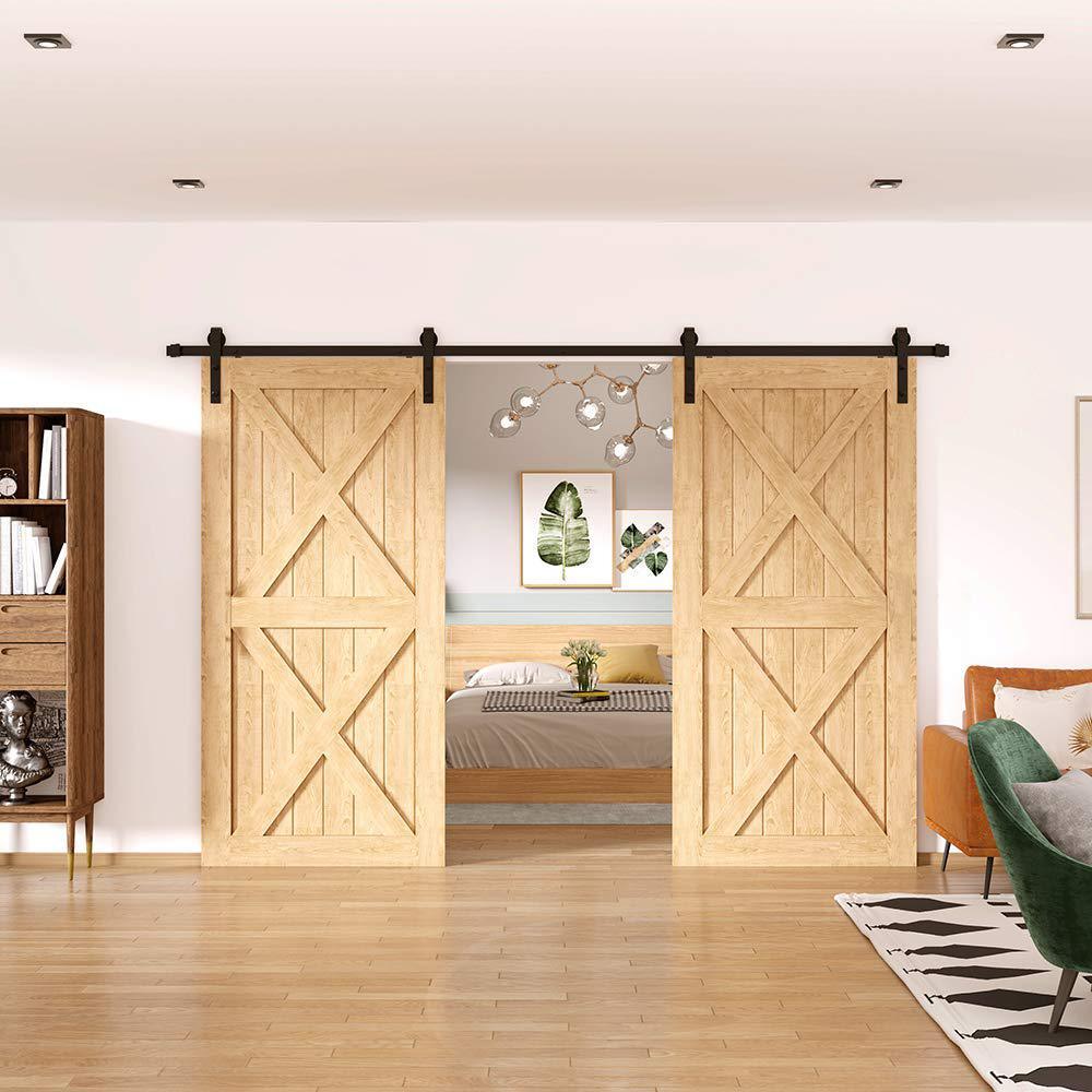11 ft./132 in. Frosted Black Sliding Barn Door Hardware Track Kit for Double Doors with Non-Routed Floor Guide - Super Arbor