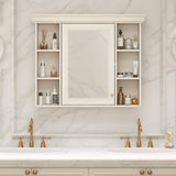 DELUXE DL LIVING 35 in. W x 28 in. H Rectangular Beige Wood Bathroom Medicine Cabinet with Mirror, Soft Close Door, Easy Hang, Open Shelf