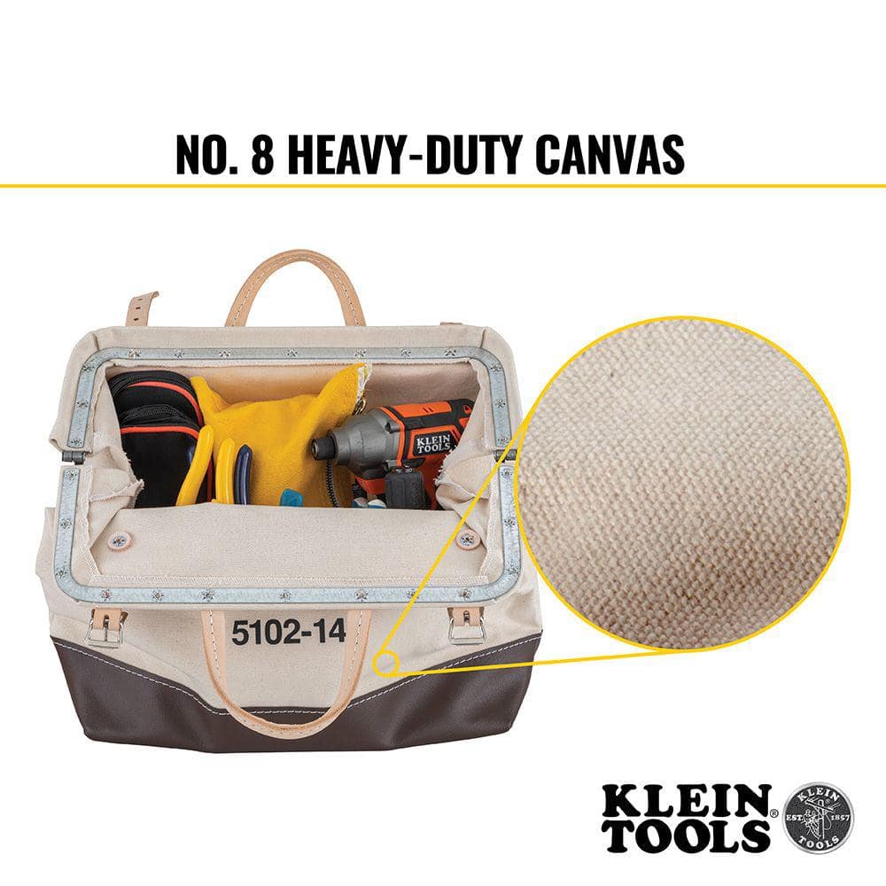 Klein Tools 14 in. No. 6 Canvas Tool Bag with Steel-Frame Mouth, Vinyl Bottom (Model 5102-14)