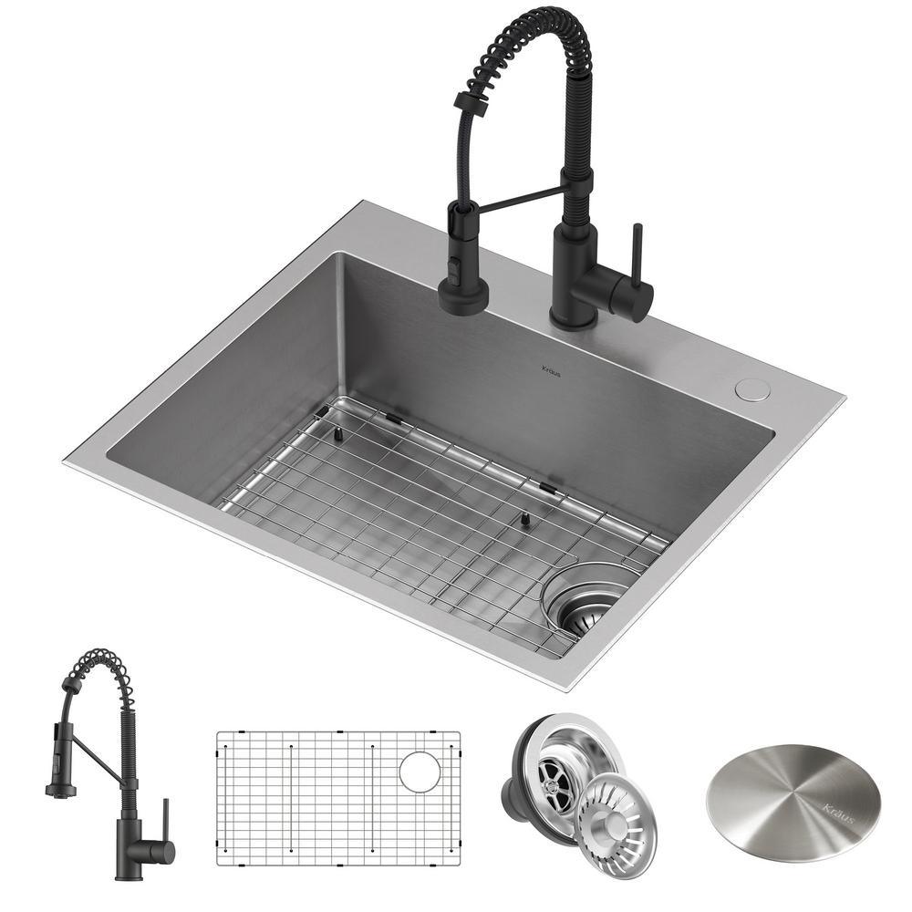 Loften All-in-One Dual Mount Drop-In Stainless Steel 33in. Single Bowl Kitchen Sink with Pull Down Faucet in Matte Black - Super Arbor