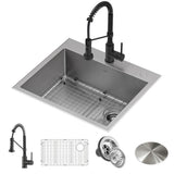 Loften All-in-One Dual Mount Drop-In Stainless Steel 33in. Single Bowl Kitchen Sink with Pull Down Faucet in Matte Black - Super Arbor