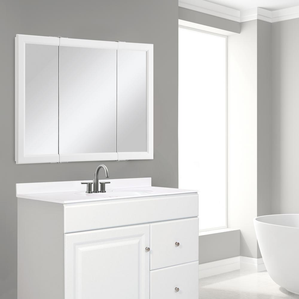 Wyndham 36 in. W x 30 in. H x 4-3/4 in. D Framed Tri-View Surface-Mount Bathroom Medicine Cabinet in White Semi-Gloss