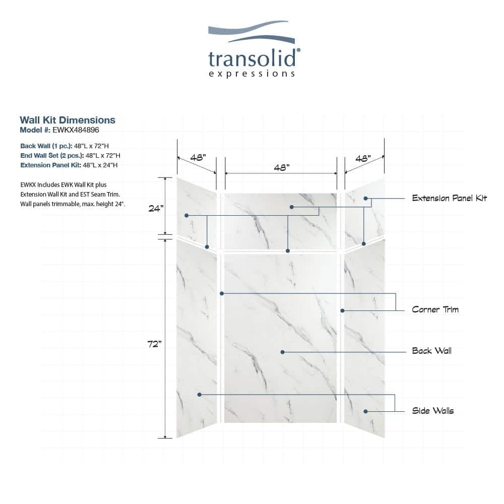Transolid Expressions 48 in. x 48 in. x 96 in. 4-Piece Easy Up Adhesive Alcove Shower Wall Surround in Bianca