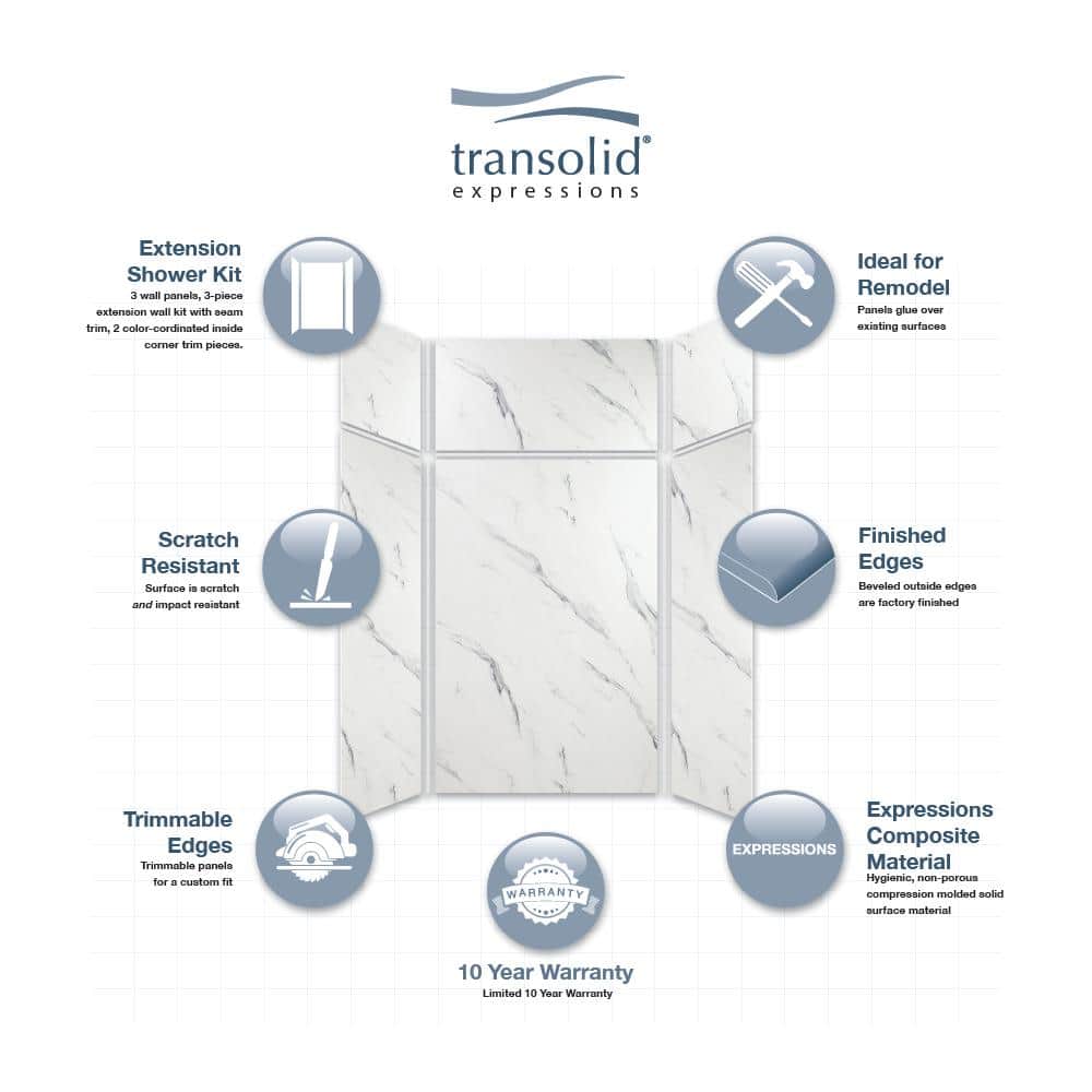 Transolid Expressions 48 in. x 48 in. x 96 in. 4-Piece Easy Up Adhesive Alcove Shower Wall Surround in Bianca
