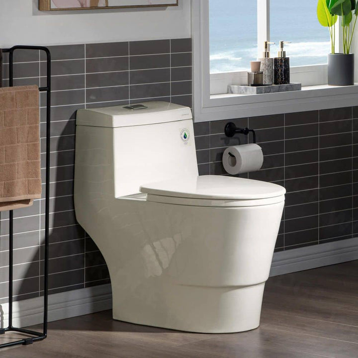 WOODBRIDGE Flora 1-Piece 1.1/1.6 GPF Dual Flush Elongated Comfort Height Toilet in Biscuit with Soft-Close Seat Included