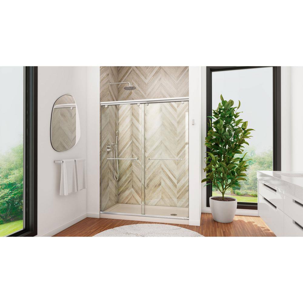 DreamLine Charisma 32 in. x 60 in. x 78.75 in. Semi-Frameless Sliding Shower Door in Brushed Nickel with Right-Drain White Base