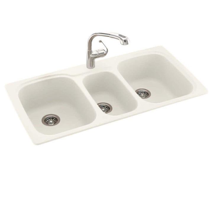 Swan Drop-In/Undermount Solid Surface 44 in. 1-Hole 40/20/40 Triple Bowl Kitchen Sink in Pebble