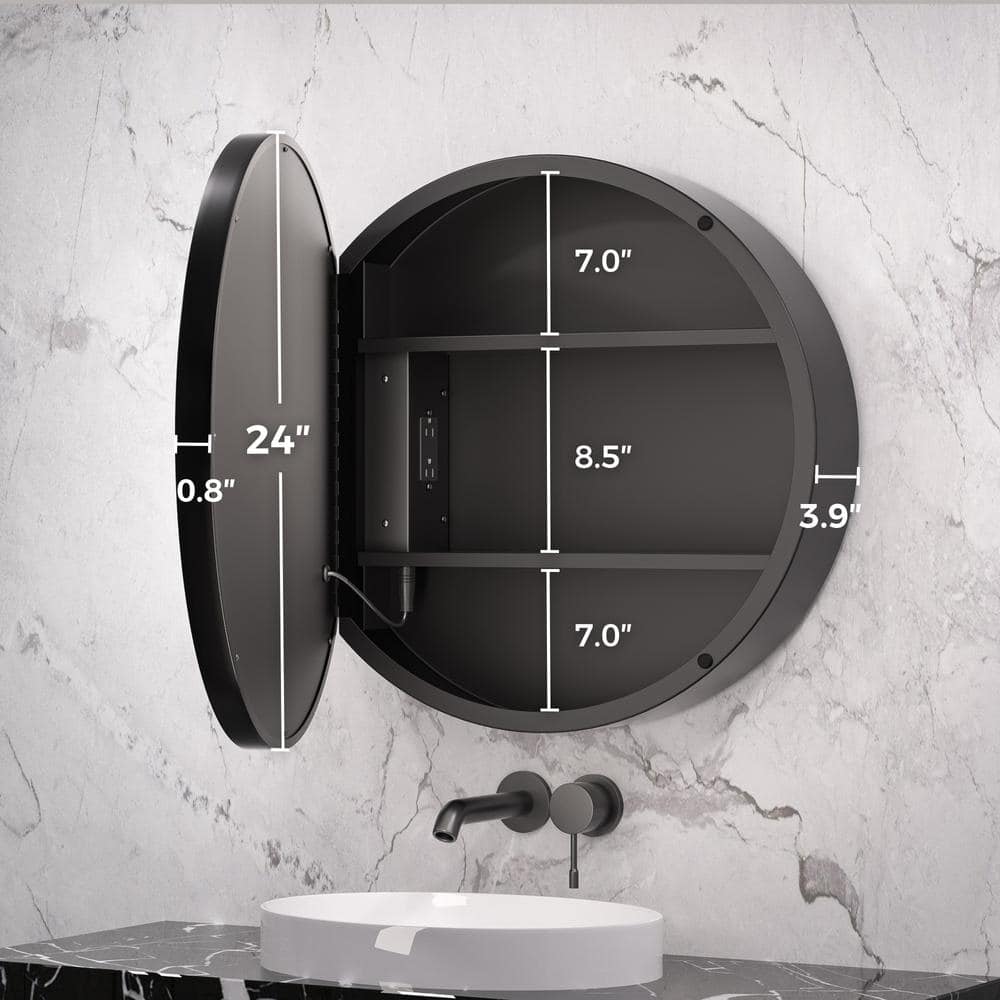 KeonJinn 24 in. W x 24 in. H Round Black Metal Framed Surface Mount Medicine Cabinet with Mirror LED Lighted 3 Colors Dimmable
