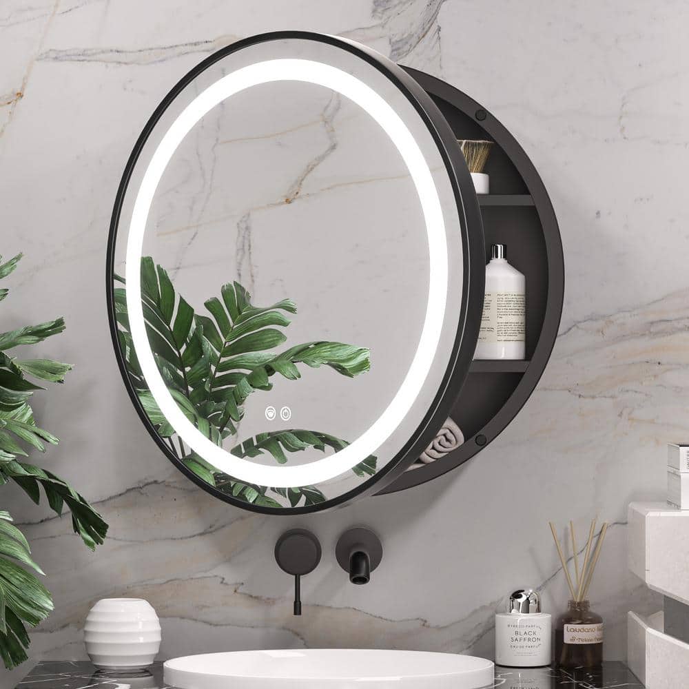 KeonJinn 24 in. W x 24 in. H Round Black Metal Framed Surface Mount Medicine Cabinet with Mirror LED Lighted 3 Colors Dimmable
