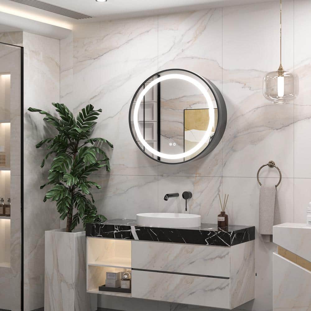 KeonJinn 24 in. W x 24 in. H Round Black Metal Framed Surface Mount Medicine Cabinet with Mirror LED Lighted 3 Colors Dimmable