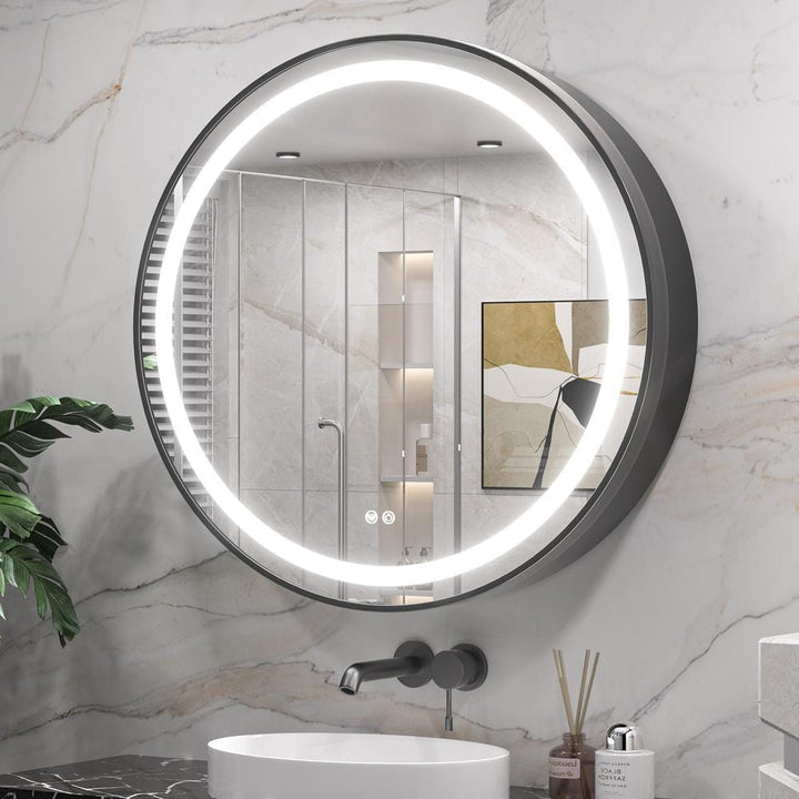 KeonJinn 30 in. W x 30 in. H Round Black Metal Framed Surface Mount Medicine Cabinet with Mirror LED Lighted 3-Colors Dimmable