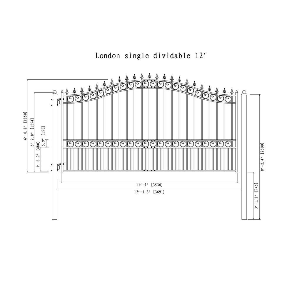 ALEKO London Style 12 ft. x 6 ft. Black Steel Single Swing Driveway Fence Gate