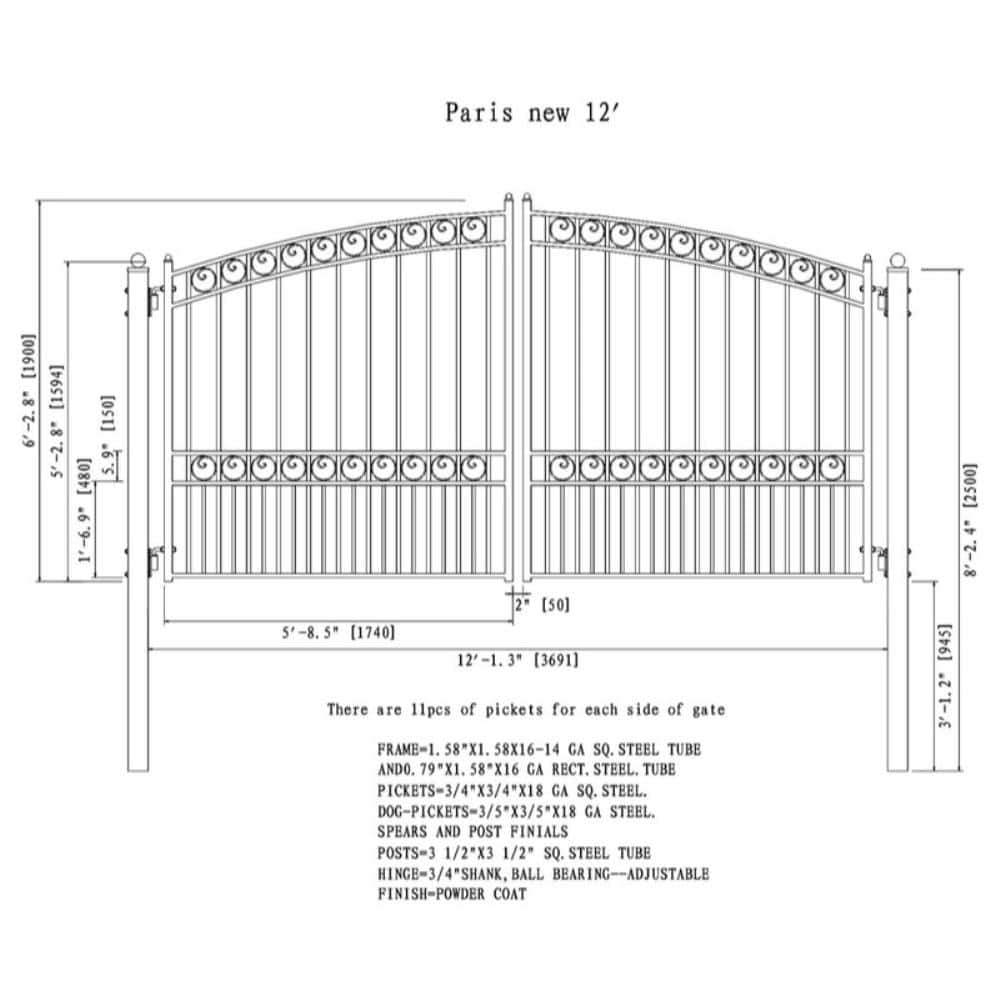 ALEKO Paris Style 12 ft. x 6 ft. Black Steel Dual Swing Driveway Fence Gate