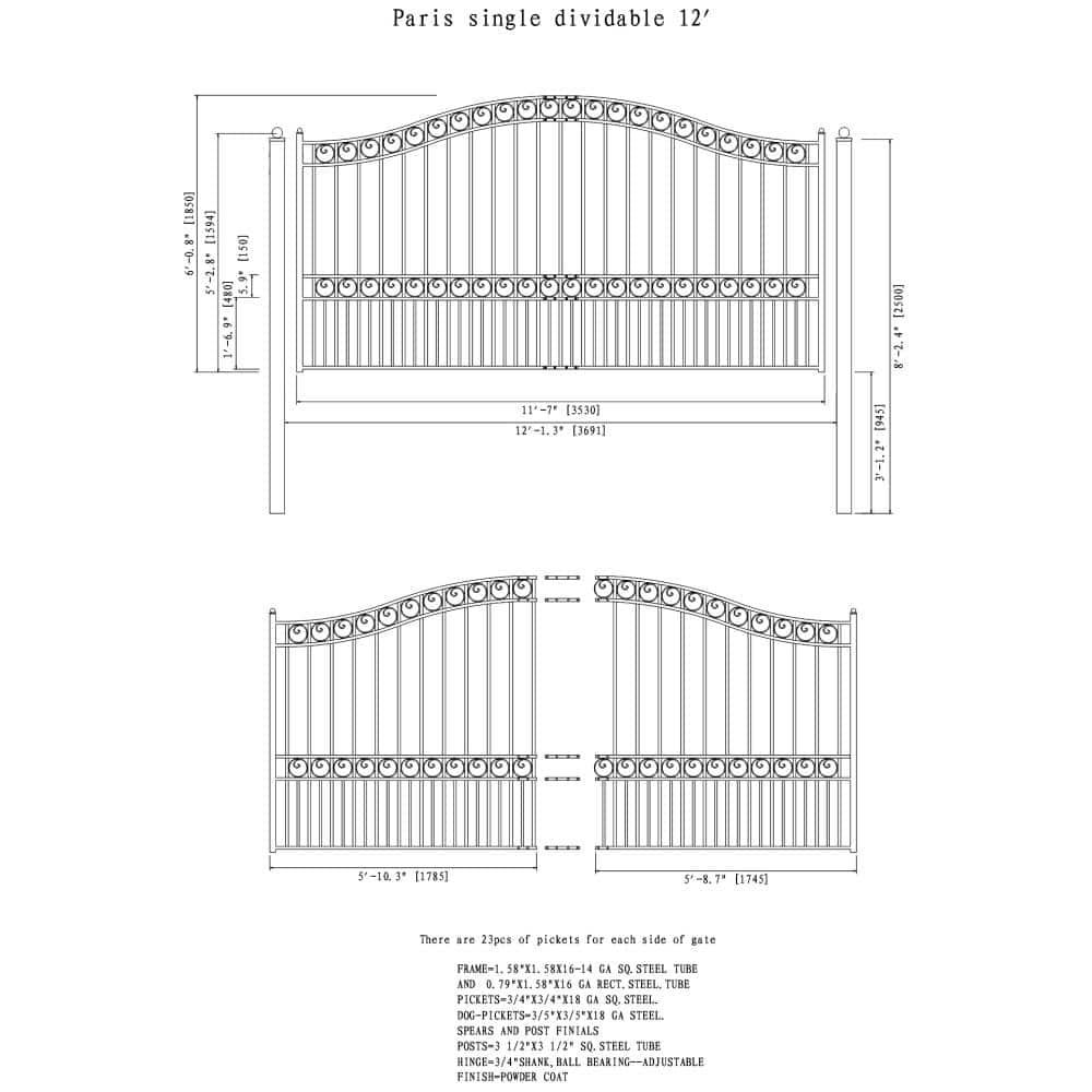 ALEKO Paris Style 12 ft. x 6 ft. Black Steel Single Swing Driveway Fence Gate