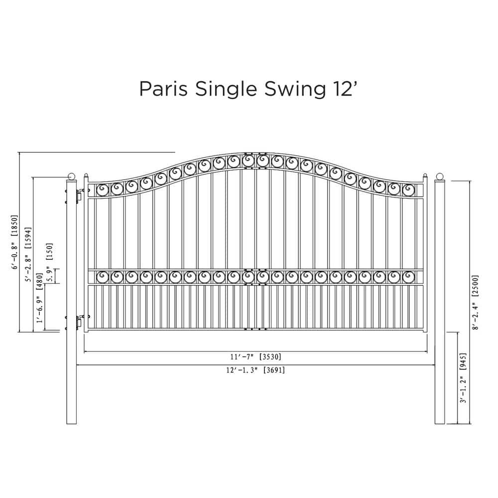 ALEKO Paris Style 12 ft. x 6 ft. Black Steel Single Swing Driveway Fence Gate