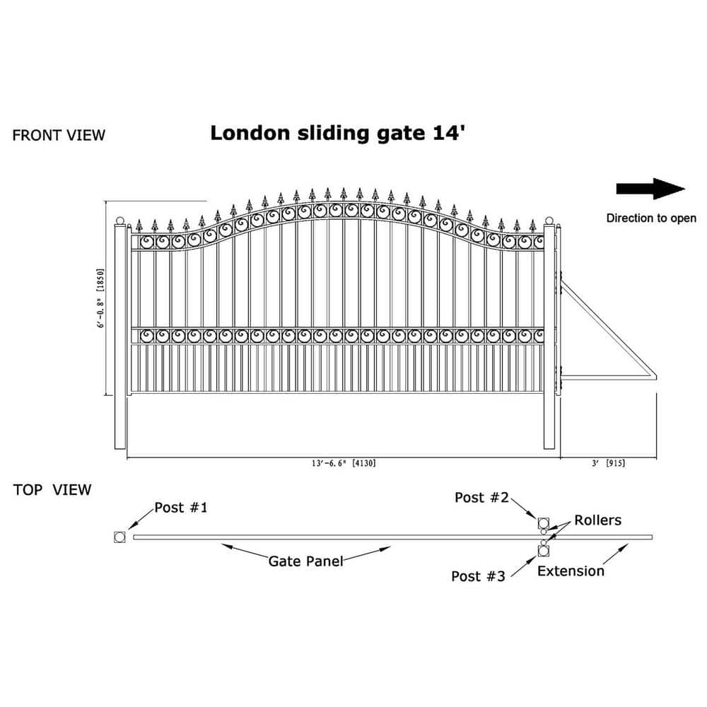 ALEKO 19 ft. x 6 ft. x 14 ft. Black Steel Single Sliding Driveway Gate London Style with Pedestrian Gate 5 ft. Fence Gate