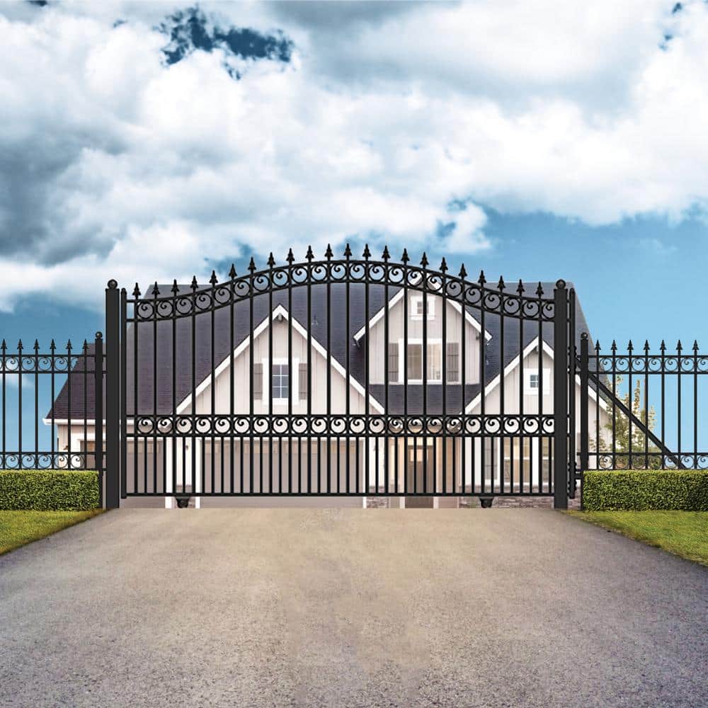 ALEKO 19 ft. x 6 ft. x 14 ft. Black Steel Single Sliding Driveway Gate London Style with Pedestrian Gate 5 ft. Fence Gate