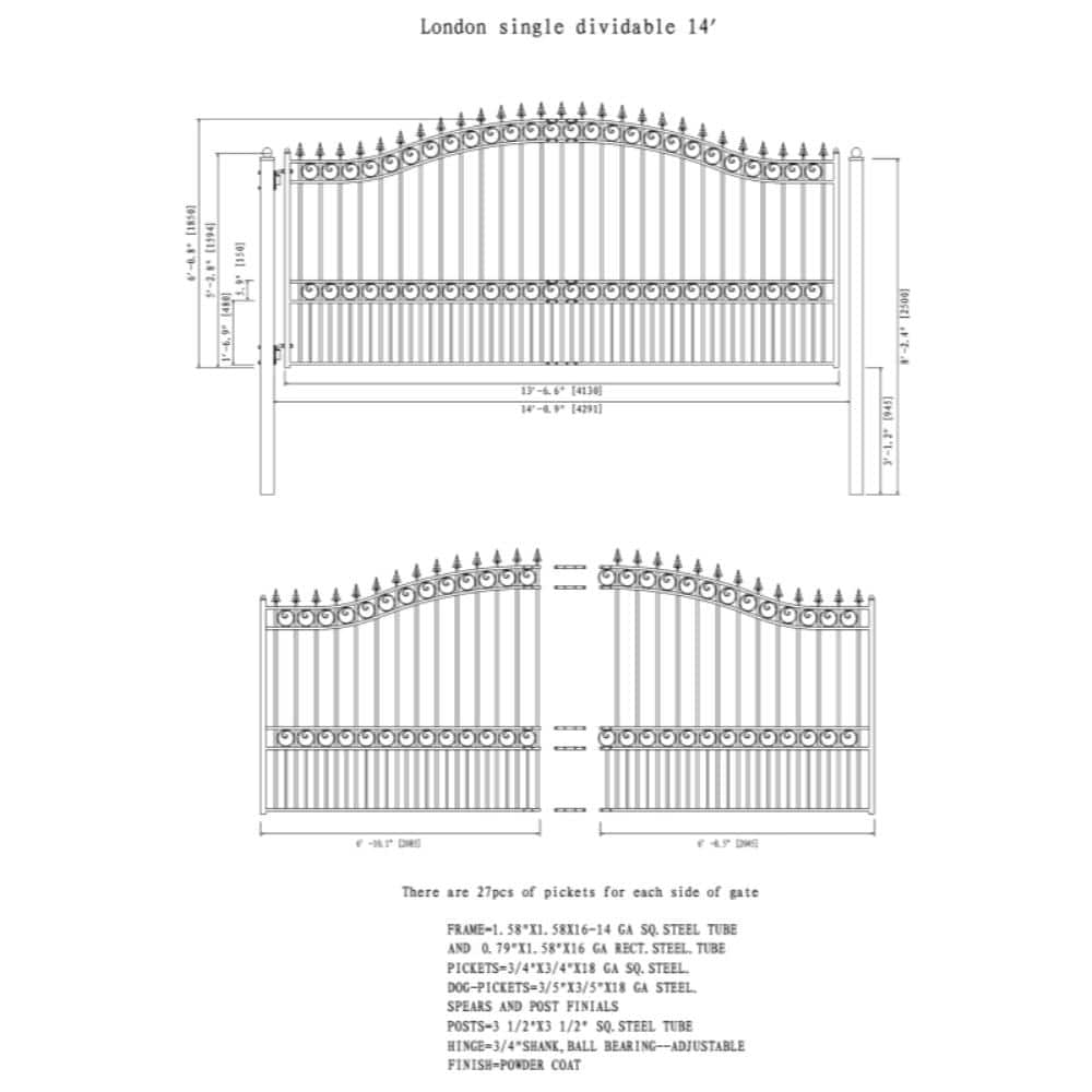 ALEKO London Style 14 ft. x 6 ft. Black Steel Single Swing Driveway Fence Gate