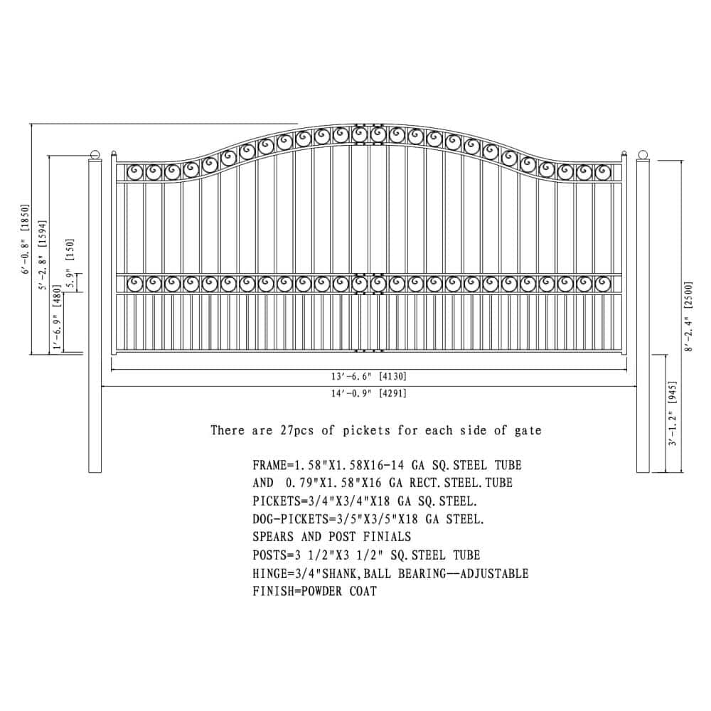 ALEKO 19 ft. x 6 ft. x 14 ft. Black Steel Single Sliding Driveway Gate Paris Style with Pedestrian Gate 5 ft. Fence Gate
